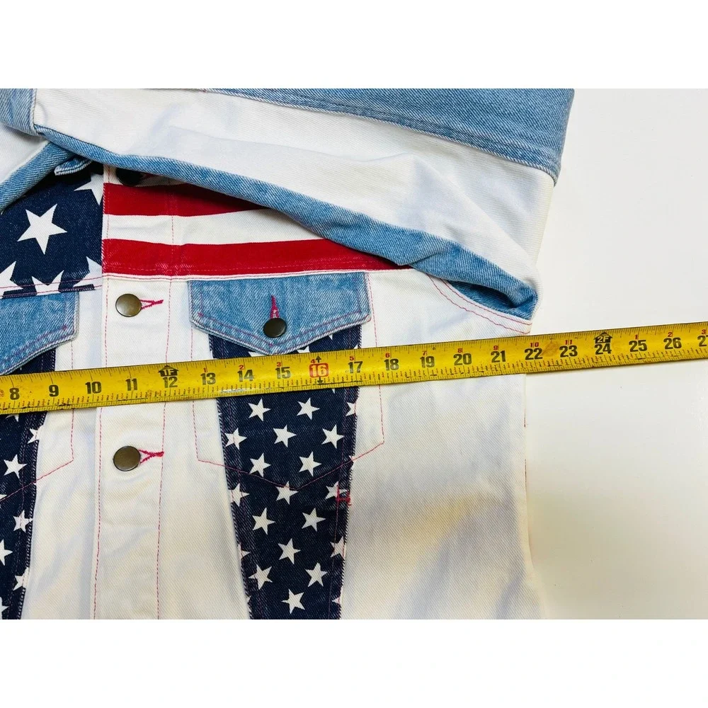 Fuse Paris M Denim Bomber Jacket USA Flag‎ Stars Stripes Trucker Moto VTG Unisex